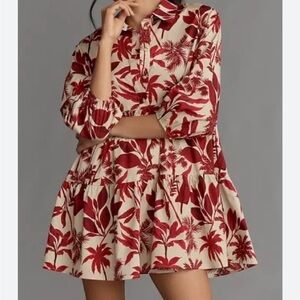 ANTHRO Red Floral Minidress Maeve The Bettina Tiered Shirt Dress Petite Small